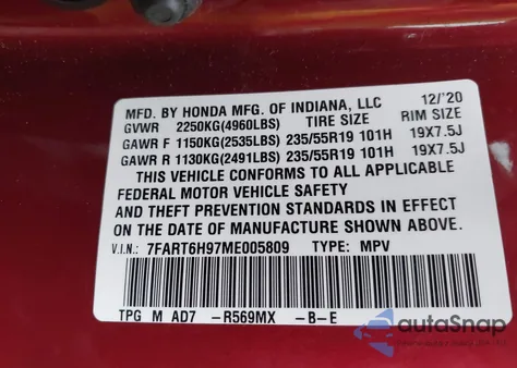 2021 Honda Cr-V Hybrid Touring из США, поврежденный, VIN 7FART6H97ME005809